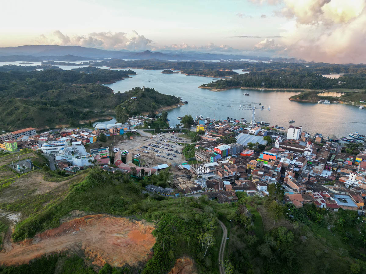 Aerial view of Guatape and the Guatape-Penol Reservoif at sunset in Colombia 