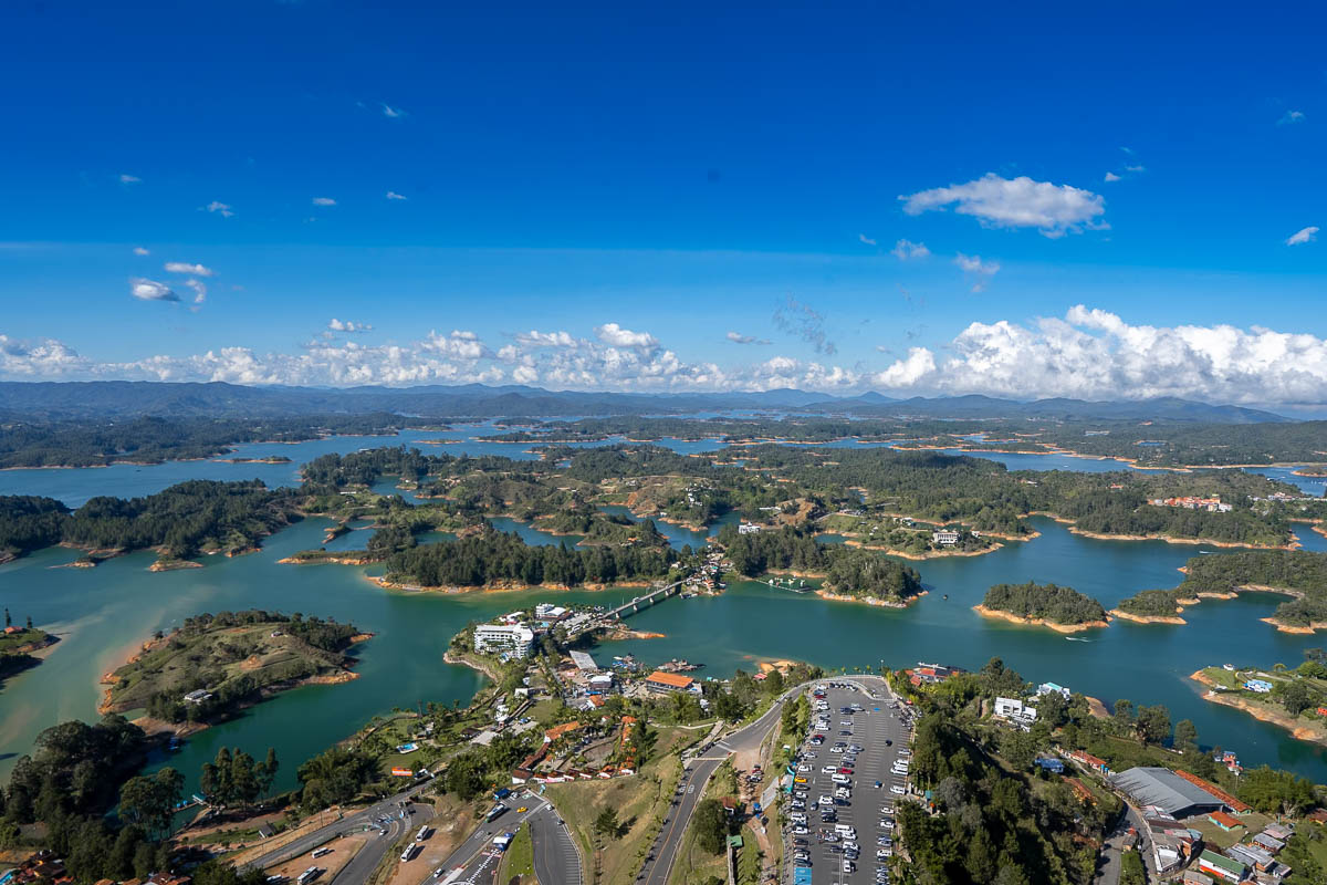 Aerial view over Guatape-Penol Reservoif with small islands in Guatape, Colombia