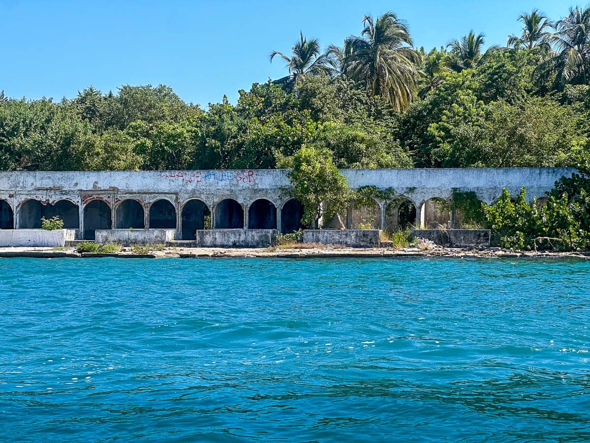 View of derelict mansion owned by Pablo Escobar, Casa Grande, on Isla Grande in Colombia