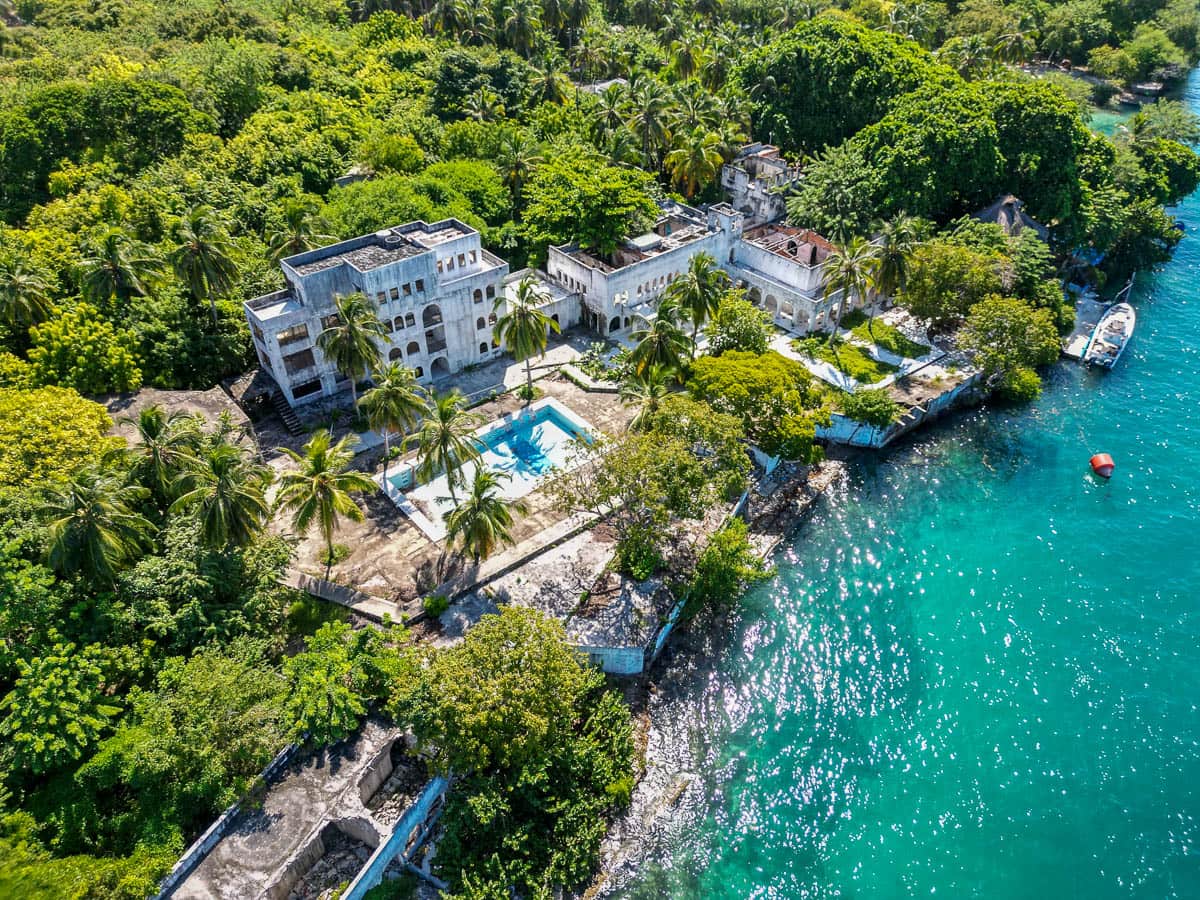 Aerial view of derelict mansion owned by Pablo Escobar, Casa Grande, on Isla Grande in Colombia
