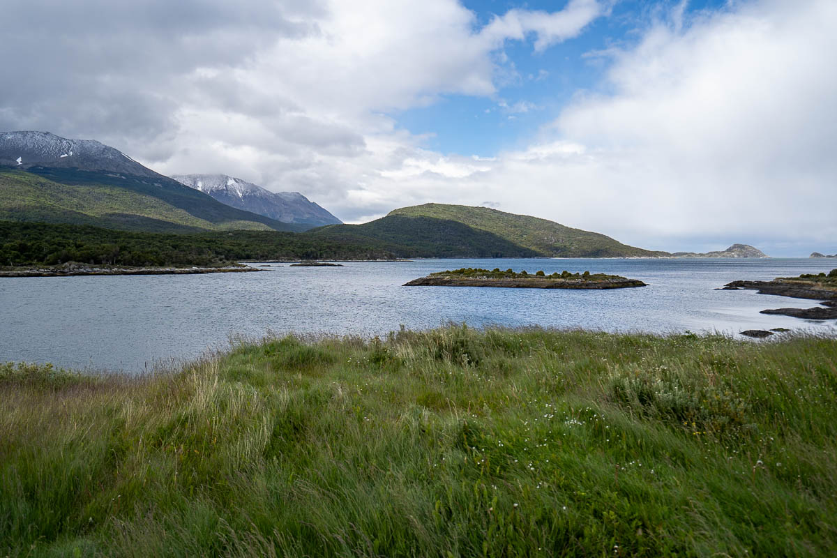 Lake with mountains in the background in Tierra del Fuego National Park in Ushuaia, Argentina