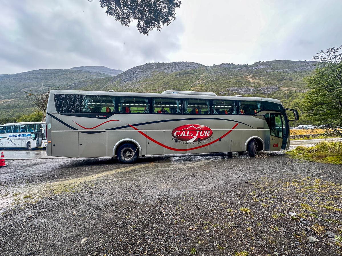 Bus parked in the Petit Moreno Glacier National Park near El Calafate, Argentina