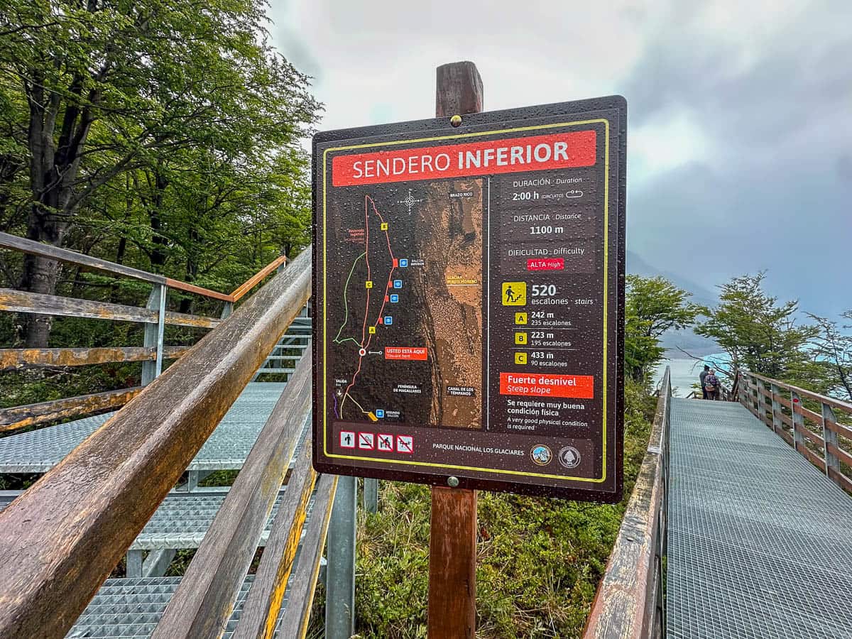 Warning sign along the Sendero Inferior trail by the Perito Moreno glacier in Los Glaciares National Park near El Calafate, Argentina
