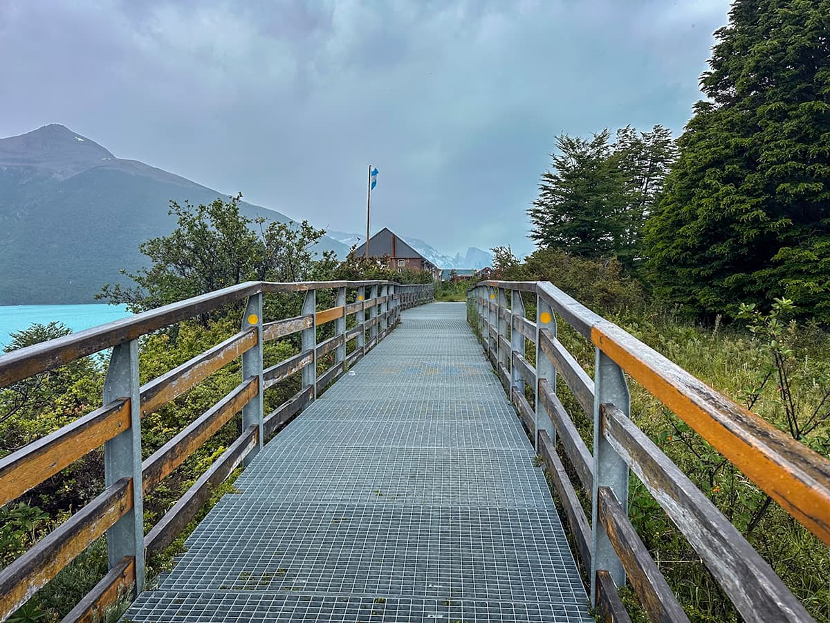 Metal boardwalk along the Perito Moreno Glacier in Los Glaciares National Park in El Calafate, Argentina