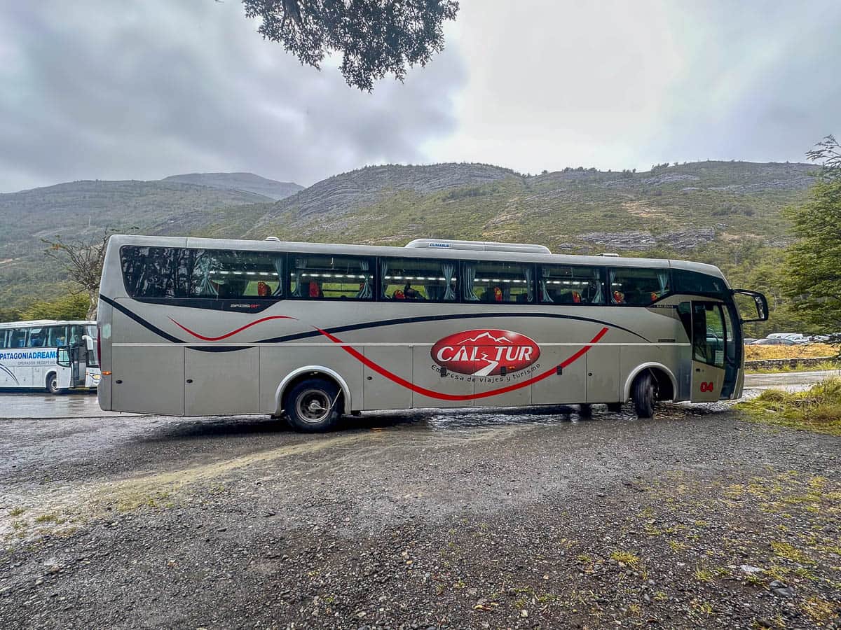 Cal-tur bus parked at the Perito Moreno glacier in El Calafate, Argentina