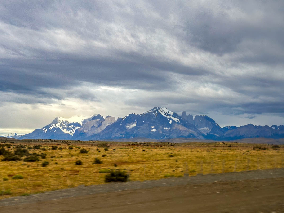 Mountains out of the window from the bus to Torres del Paine National Park in Chile