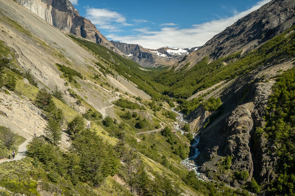 Canyon with Rio Ascencio winding through it along the Las Torres Trail in Torres del Paine National Park in Chile