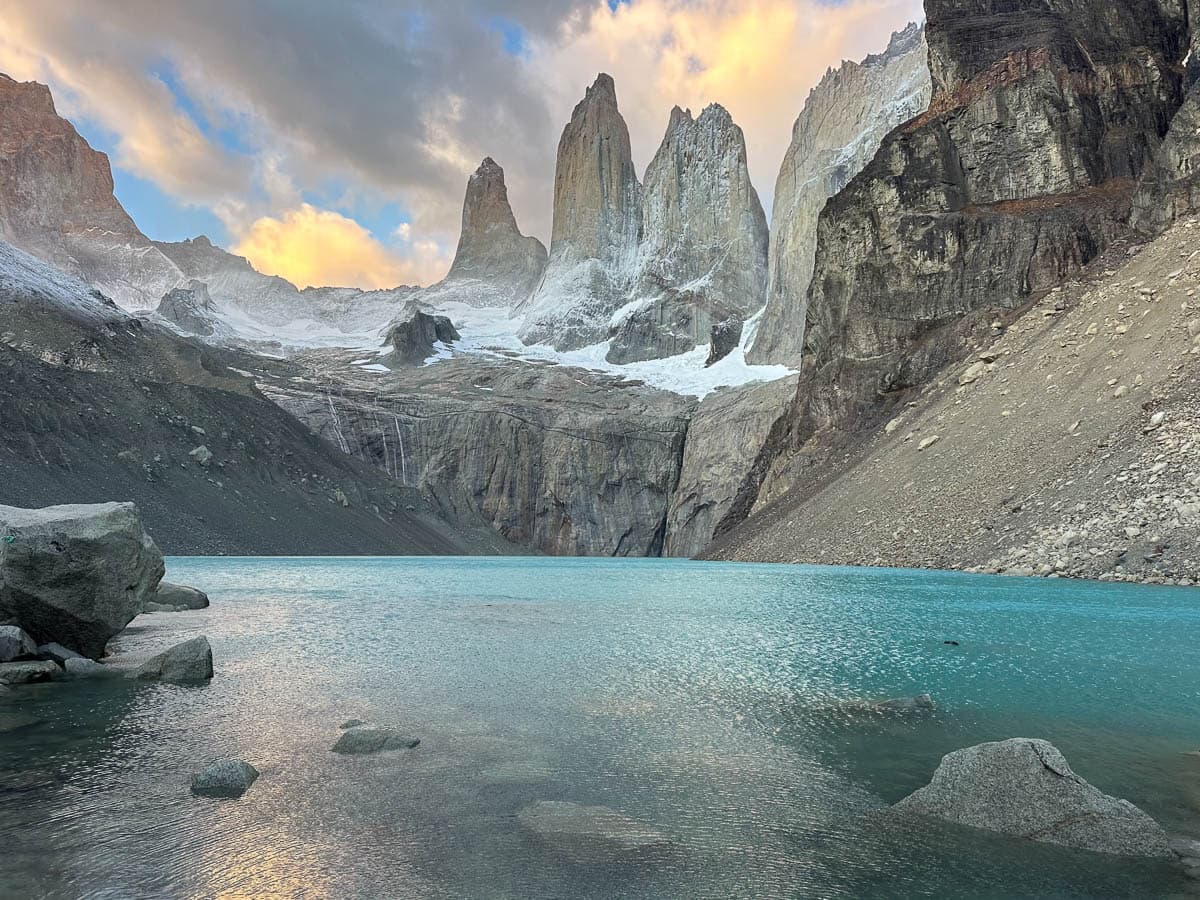 Turquoise waters at Lago Torres with Torres del Paine in Torres del Paine National Park in Chile