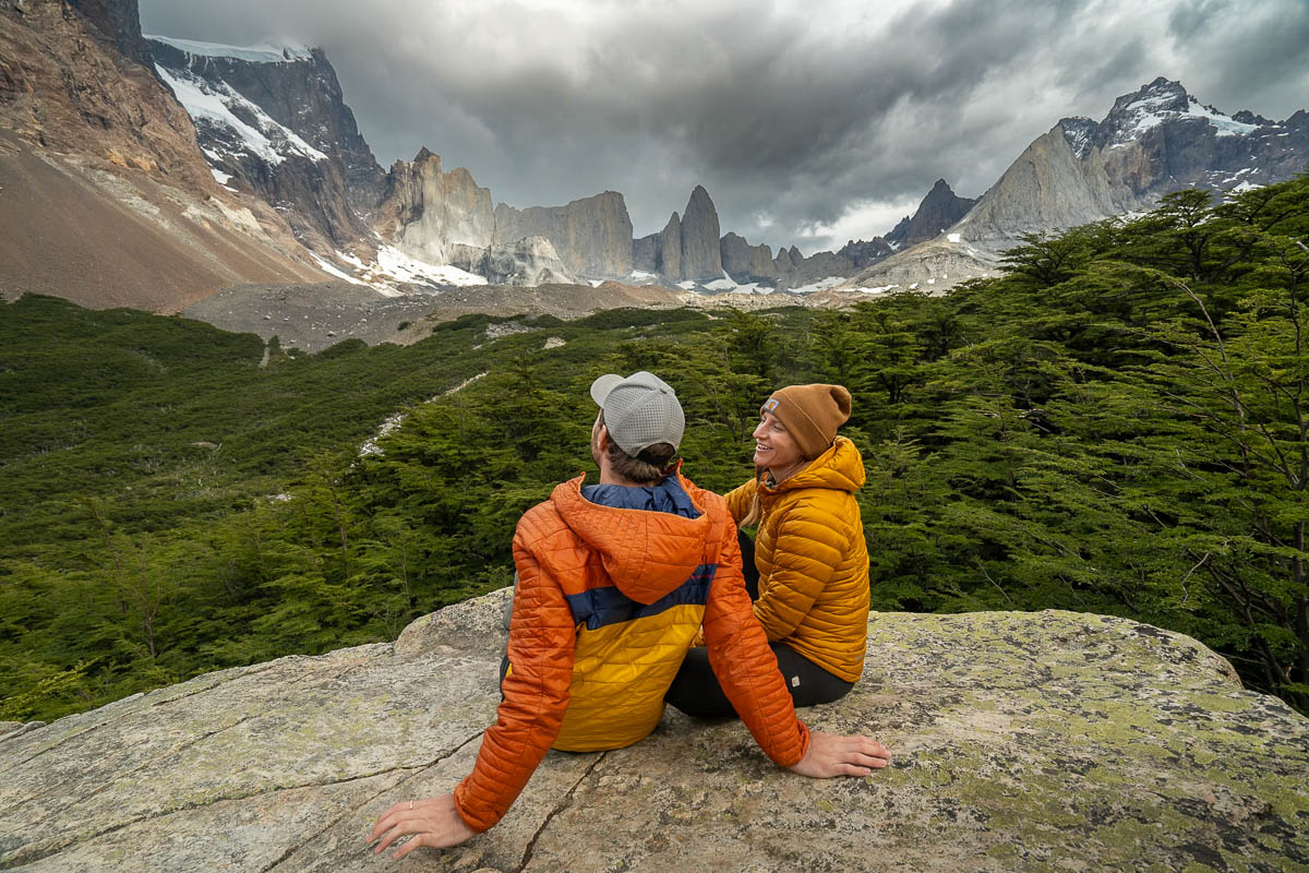 Couple sitting at the Mirador Britanico along the W Trek in Torres del Paine National Park in Chile
