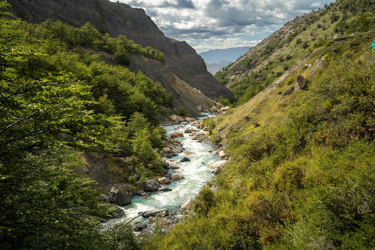 Rio Ascencio running through a canyon along the W trek in Torres del Paine National Park in Chilean Patagonia