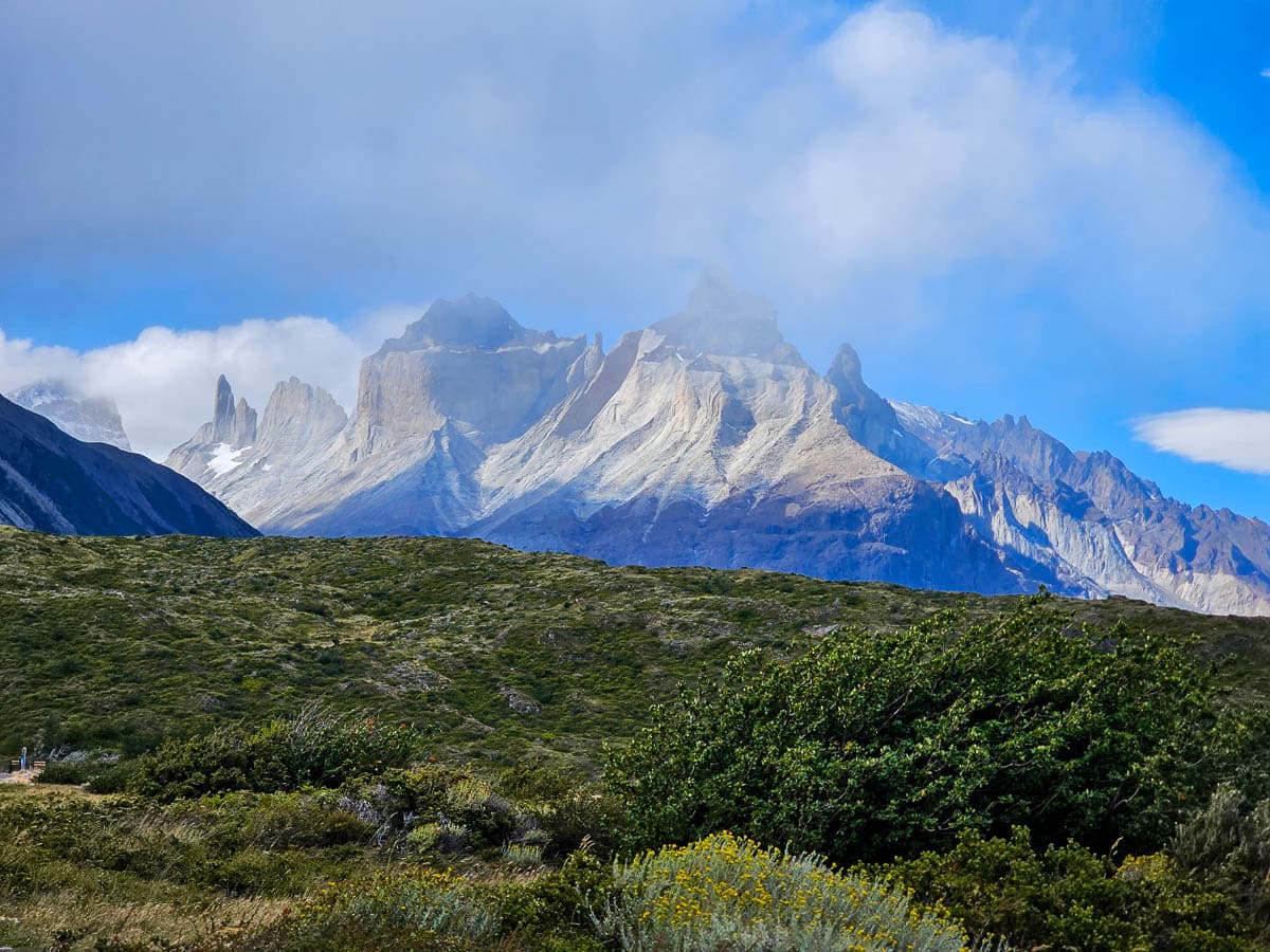 View of the mountains from the ferry from Lake Pehoe in Torres del Paine National Park in Chilean Patagonia