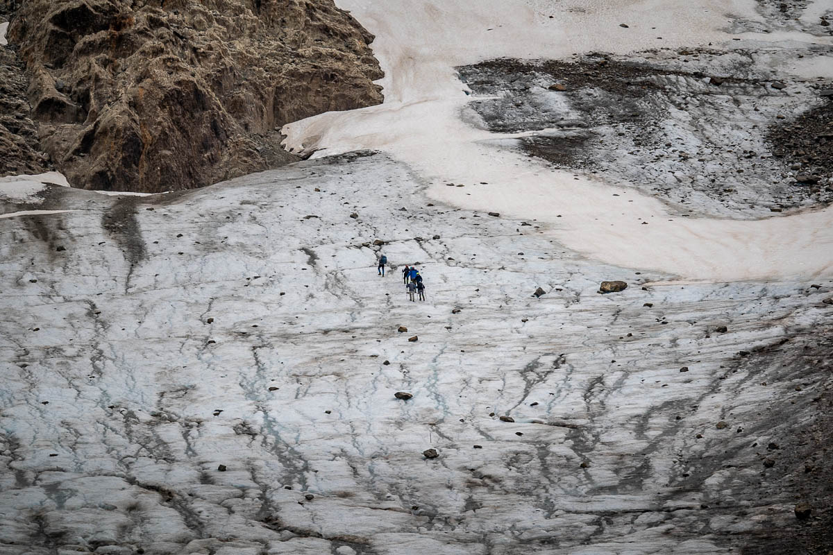 People climbing on the Vinciguerra Glacier at the Laguna de los Tempanos Trail in Argentinian Patagonia