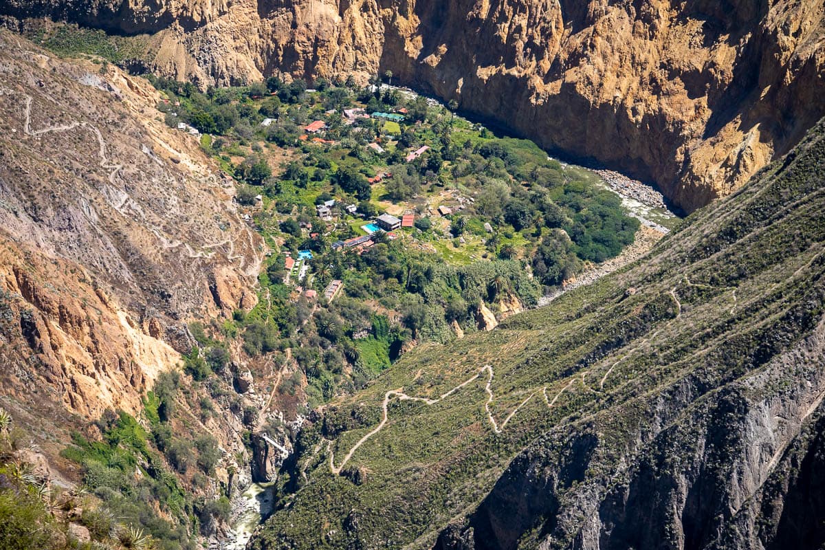 View of steep switchbacks from Sangalle to Cabanaconde, Peru along the Colca Canyon trek