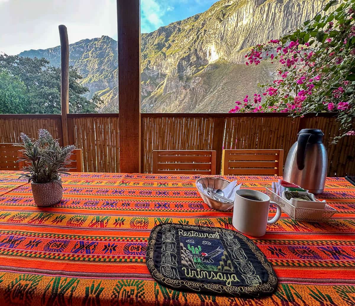 View of the walls of Colca Canyon from the dining table of Colibri Lodge in San Juan de Chuccho, Peru along the Colca Canyon trail