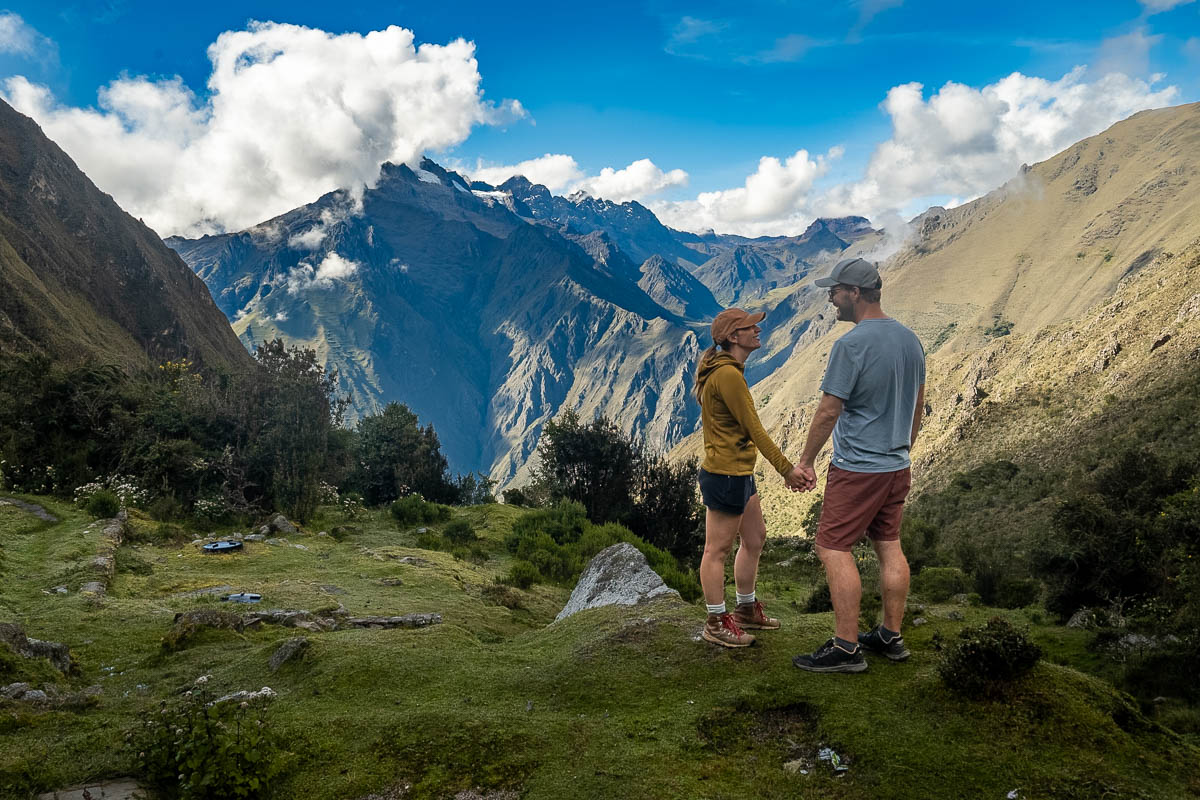 Smiling couple at an overlook along the Inca Trail in Peru