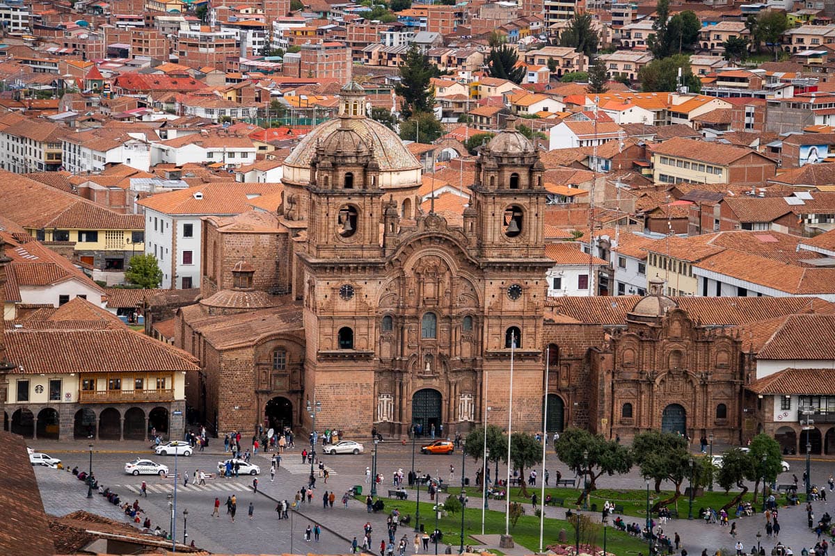 Iglesia de la Compañía de Jesús with buildings in the background in Cusco, Peru