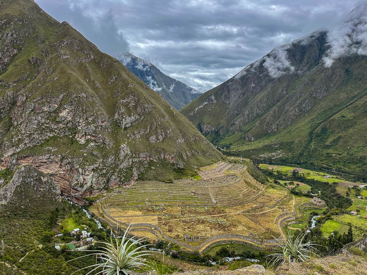 Patallacta ruins with Andes moutains in the background along the Inca Trail in Peru