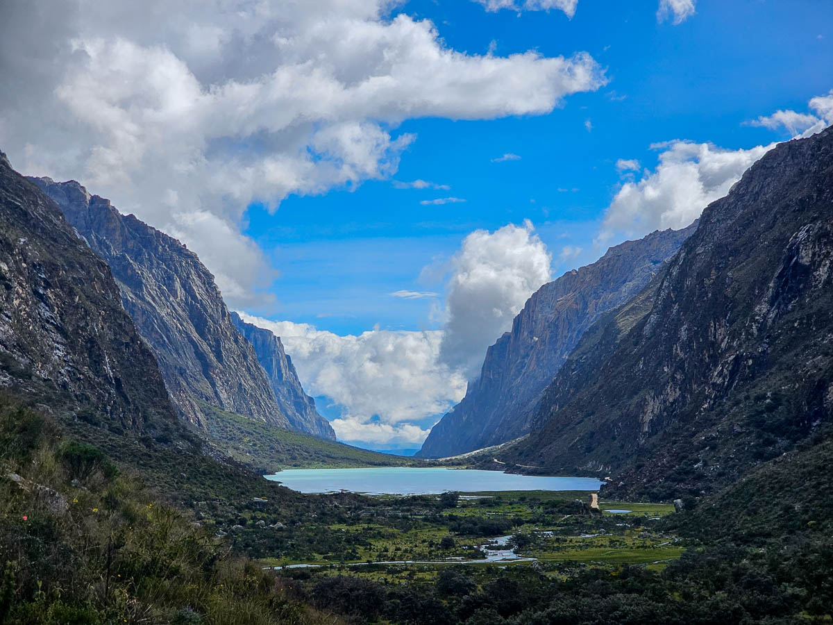 Llanganuco Orconcocha surrounded by rugged mountains from the Laguna 69 hike in Huascarán National Park in northern Peru