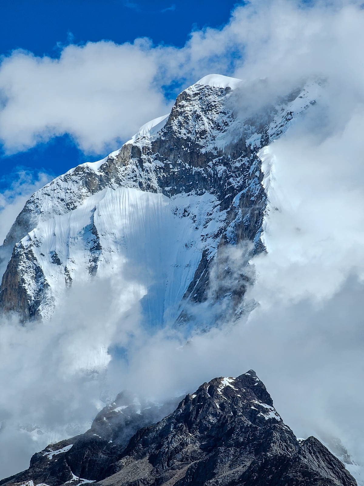 Mountain in Cordillera Blanca with a glacier on it in Huascarán National Park in northern Peru