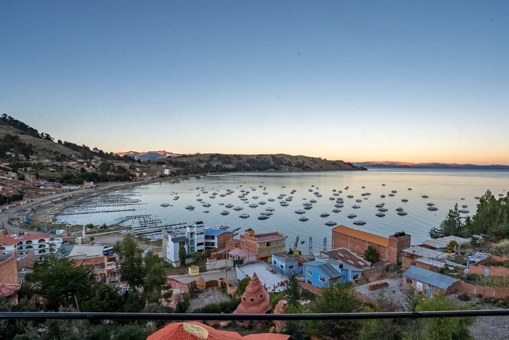 View of Lake Titicaca at sunrise from a viewpoint in Copacabana, Bolivia