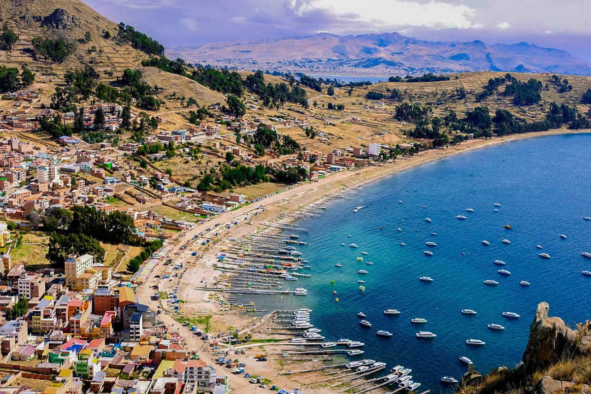 View of Lake Titicaca with Copacabana on its shores in Bolivia