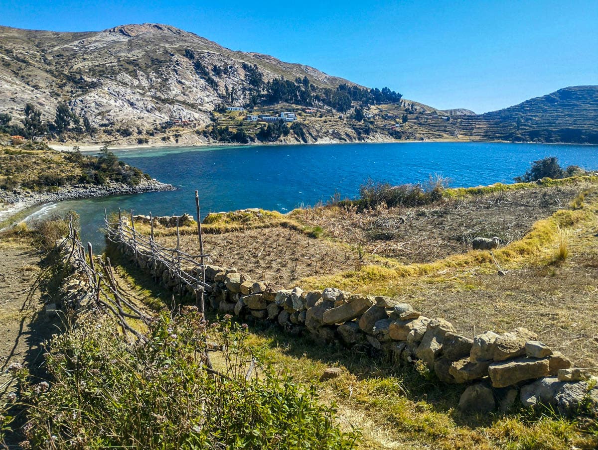 Farmland along the shores of Lake Titicaca in Copacabana, Bolivia