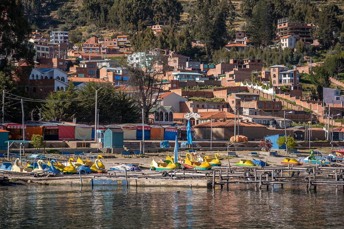 Paddleboats on Playa de Copacabana in Copacabana, Bolivia