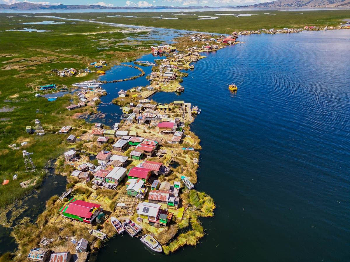 Aerial view of buildings on the floating Uros islands near Puno, Peru