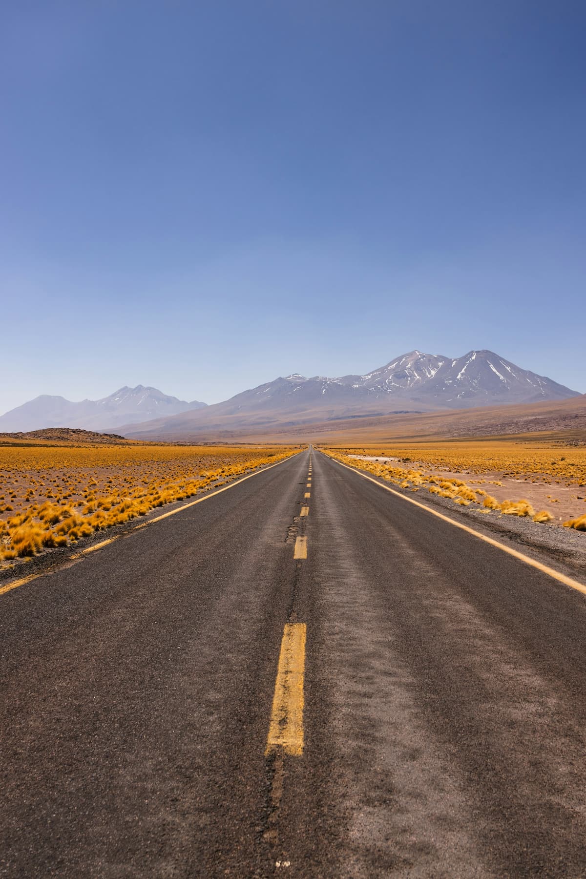 Road leading towards the snow-capped mountains in the Atacama, Desert