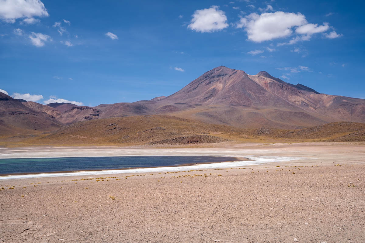 Laguna Miñiques with Miñiques Volcano in the background near Socaire in the Atacama Desert, Chile