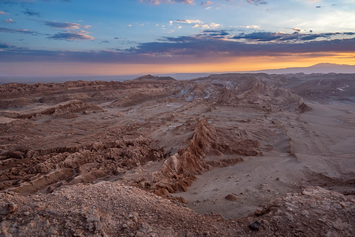 View of Mirador de Kari at sunset in Valle de la Luna in the Atacama Desert, Chile