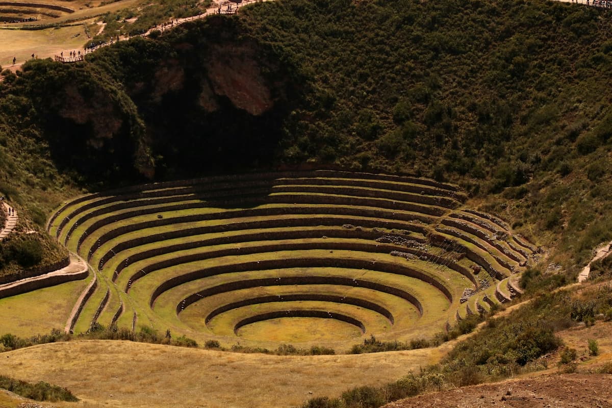 Aerial view of the circular agricultural terraces at the Moray ruins in the Sacred Valley of Peru