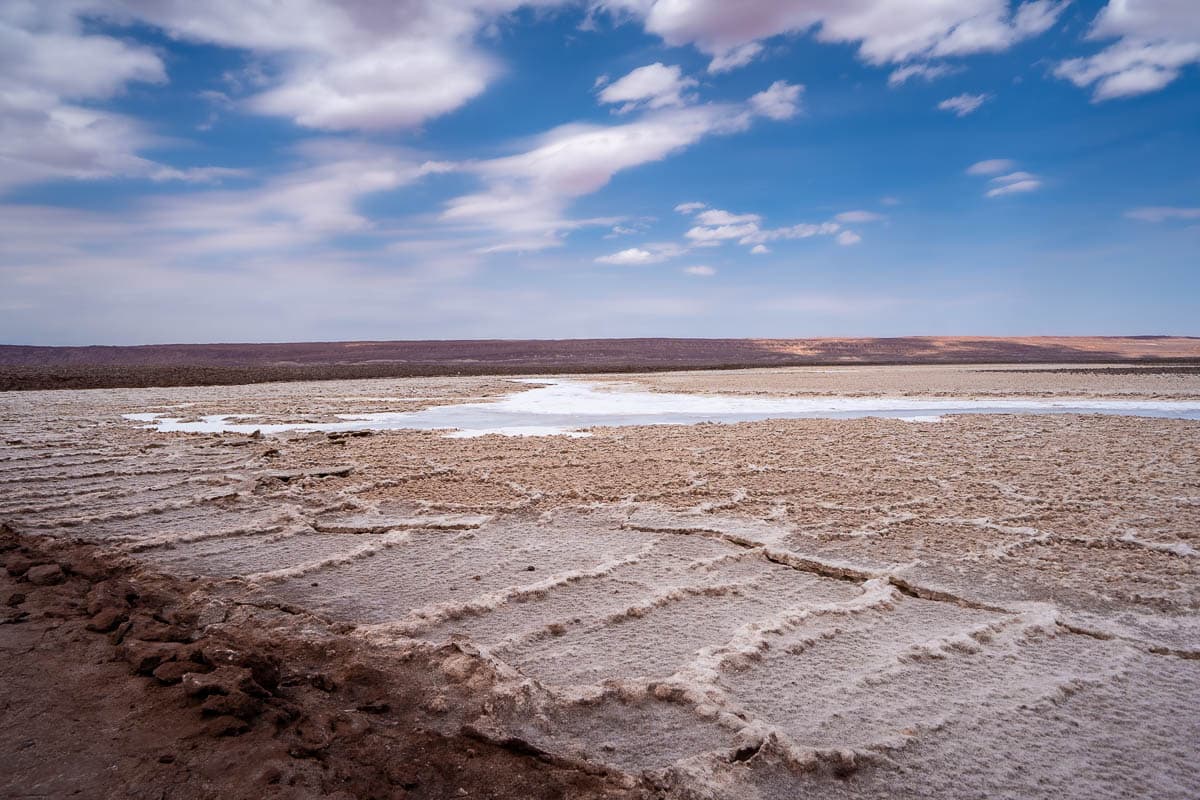 Salt crust surrounding a salt lagoon in Lagunas Escondidas de Baltinache in San Pedro de Atacama in Atacama Desert in Chile