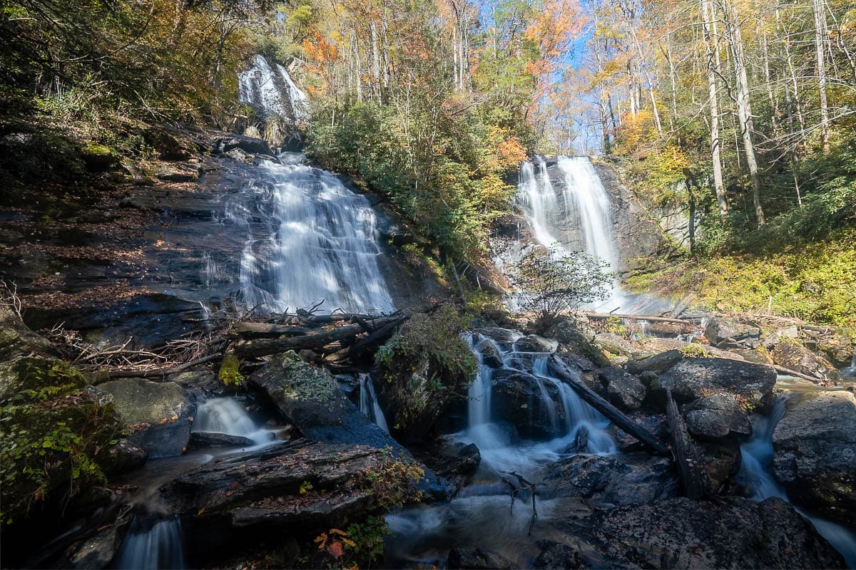 Twin waterfalls cascading down a rocky cliffside at Anna Ruby Falls near Helen, Georgia