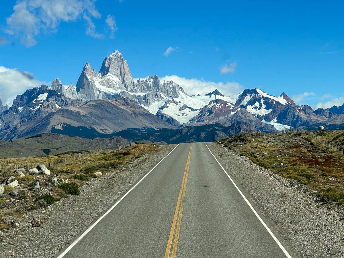 Road leading to the Andes Mountains with Mount Fitzroy in El Chalten, Argentina