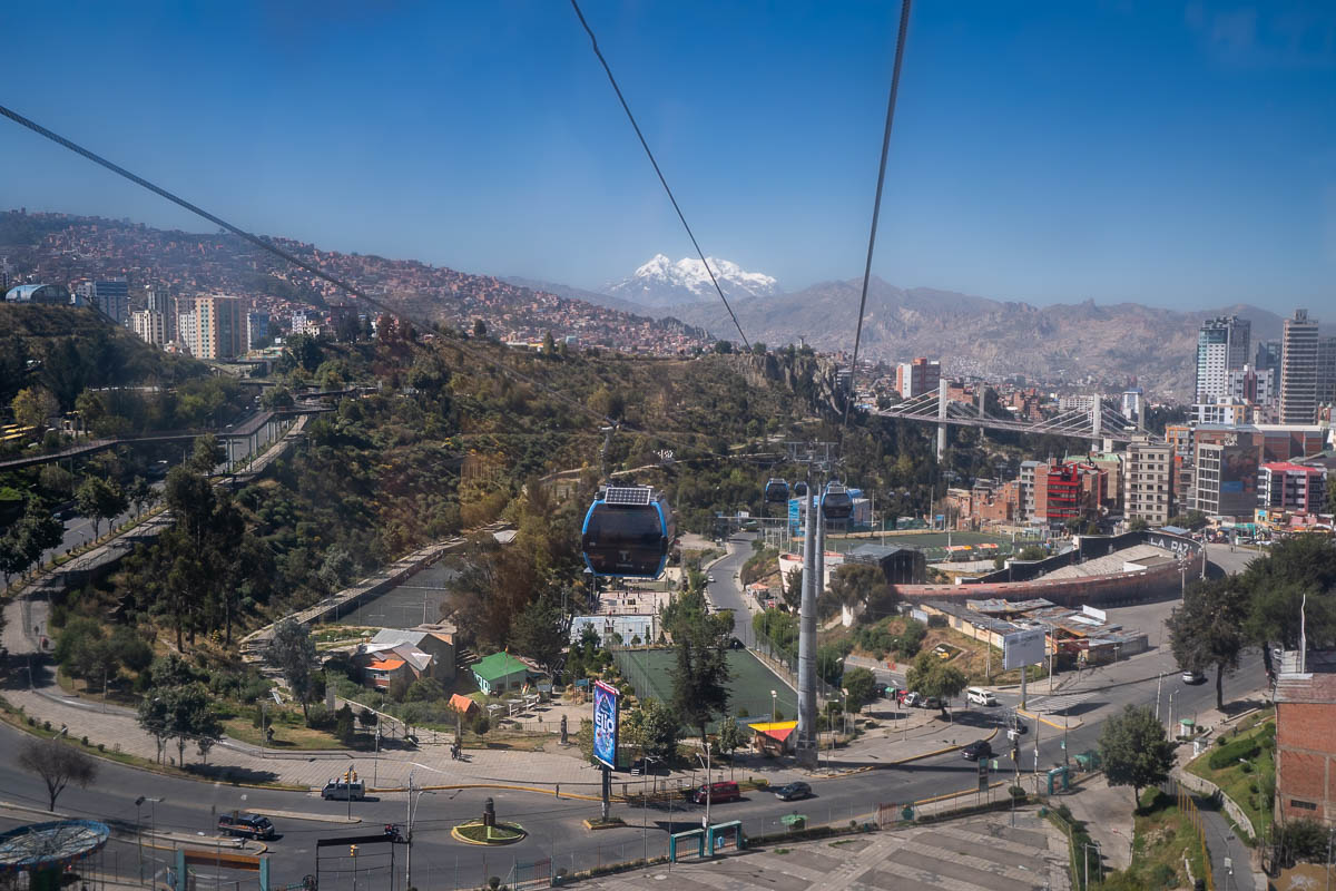 Mi Telerifico above La Paz, Bolivia with snow-capped mountains in the background