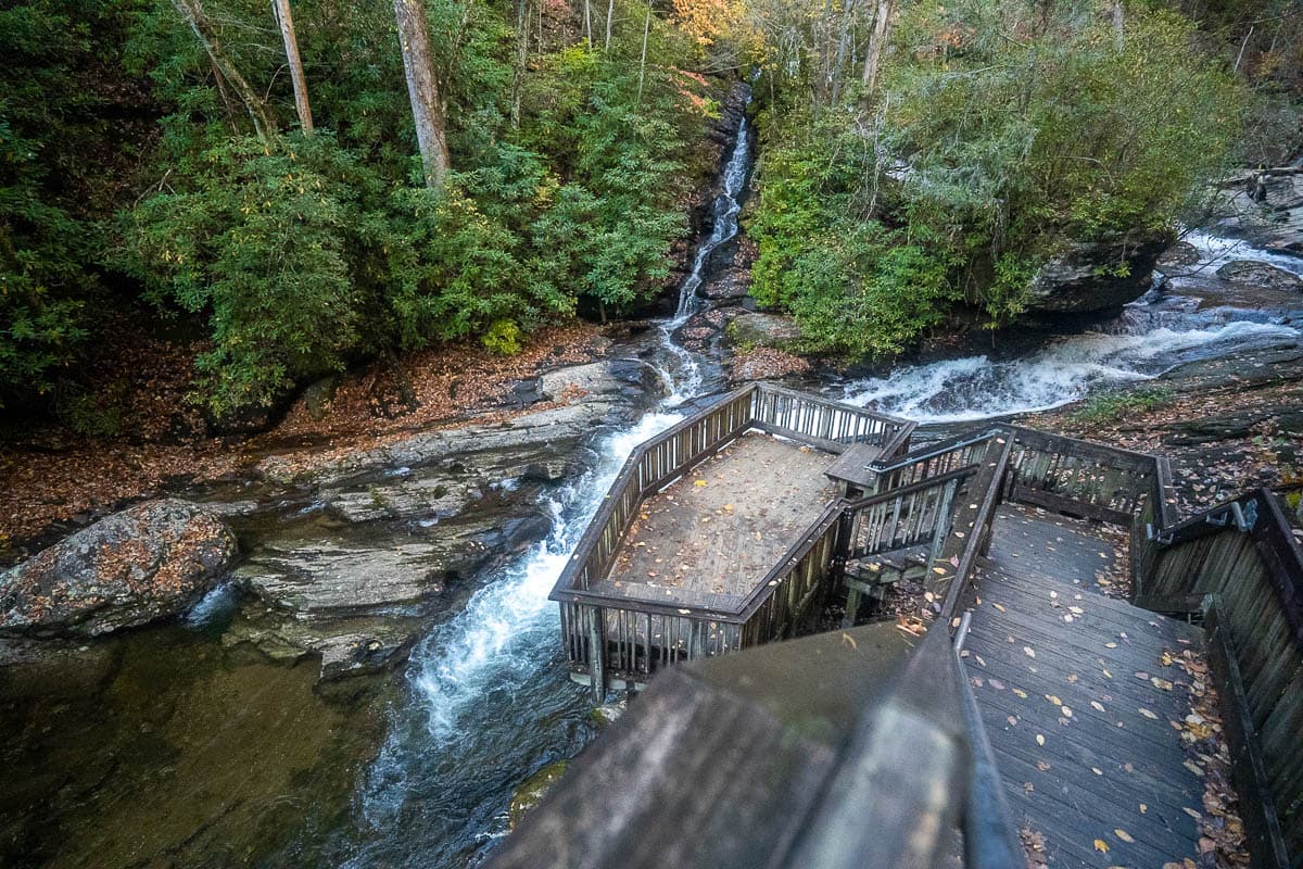 Wooden observation platform overlooking Dukes Creek Falls near Helen, Georgia
