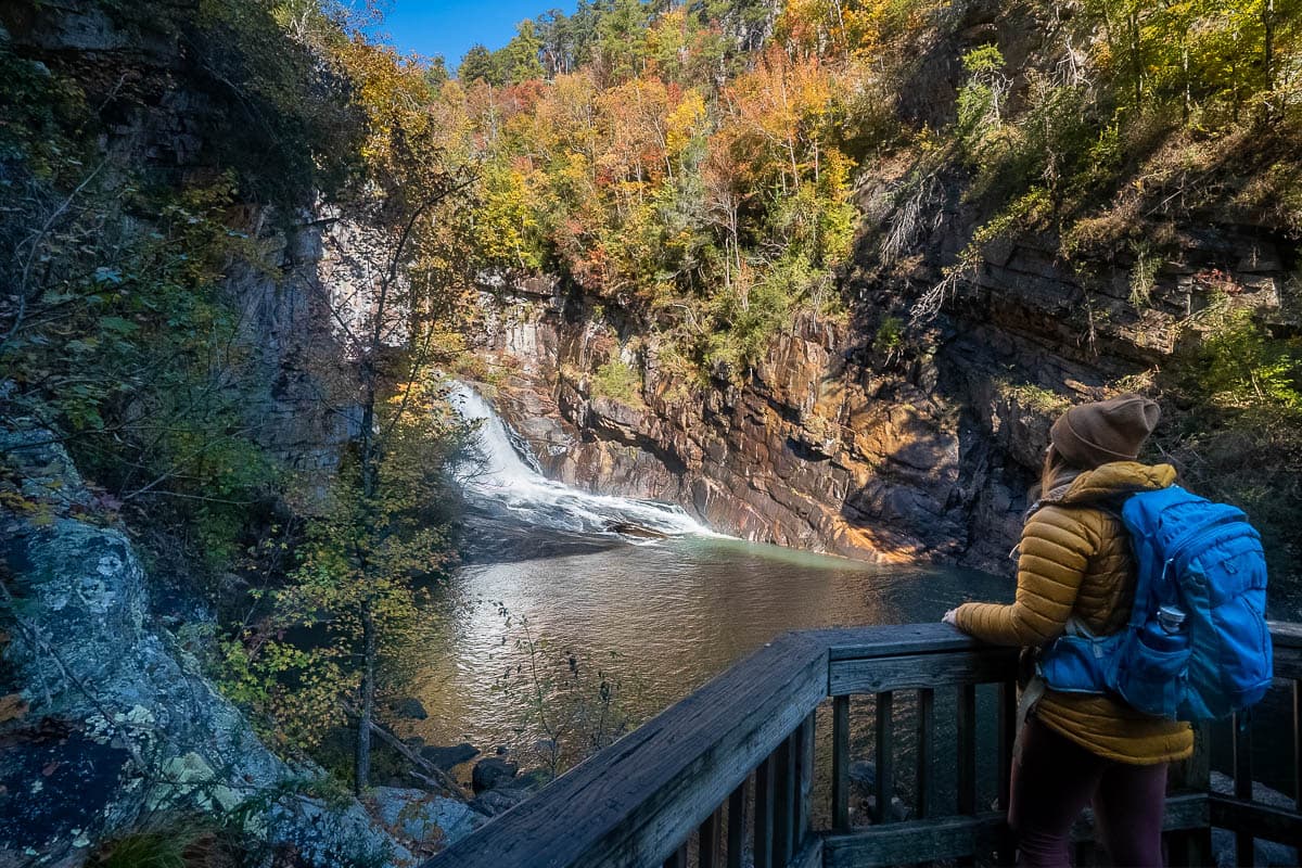 Woman looking at Hurrican Falls with fall foliage on the surrounding cliffs in Tallulah Gorge State Park near Helen, Georgia