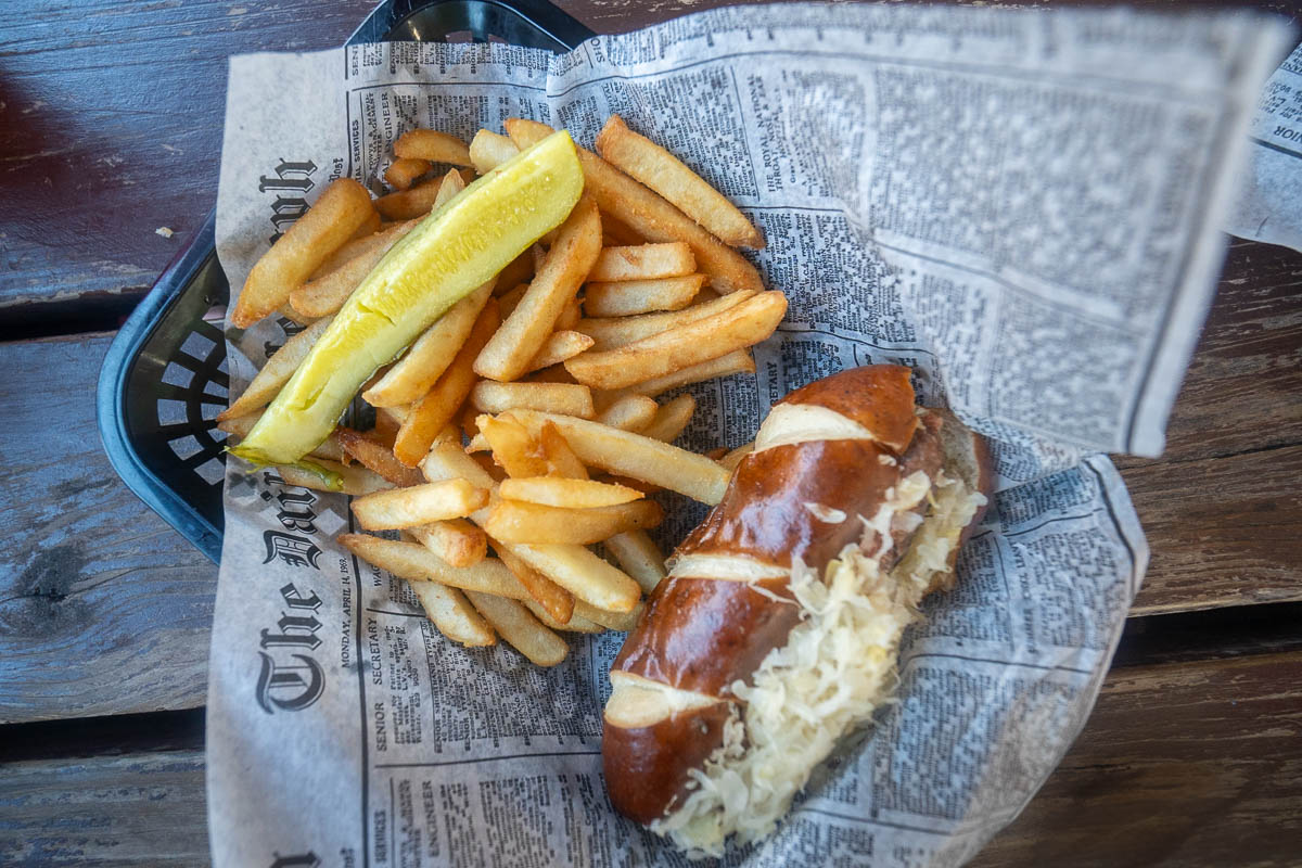 Aerial shot of bratwurst in a pretzel bun at Cafe International at Helen, Georgia