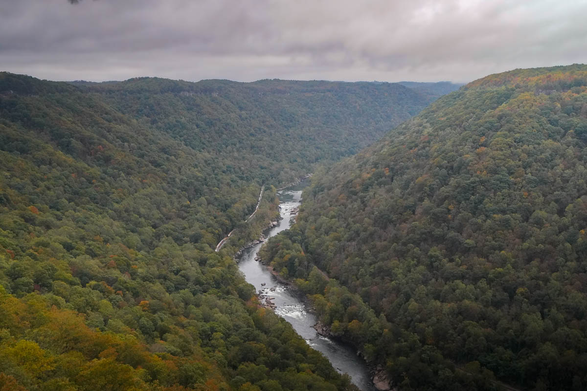 View of New River Gorge from the Endless Wall Trail in New River Gorge National Park in West Virginia