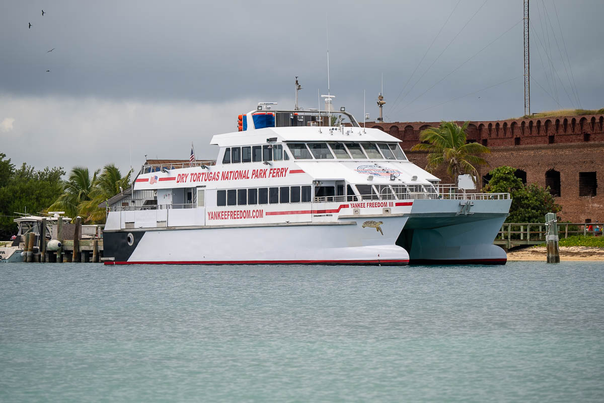 Yankee Freedom ferry parked at the main dock in front of Fort Jefferson in Dry Tortugas National Park in Florida