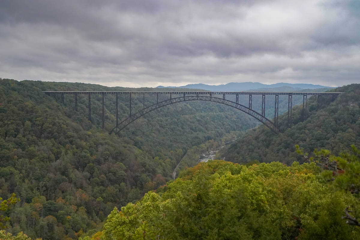 View of the New River Gorge Bridge from the Long View Trail in New River Gorge National Park in West Virginia