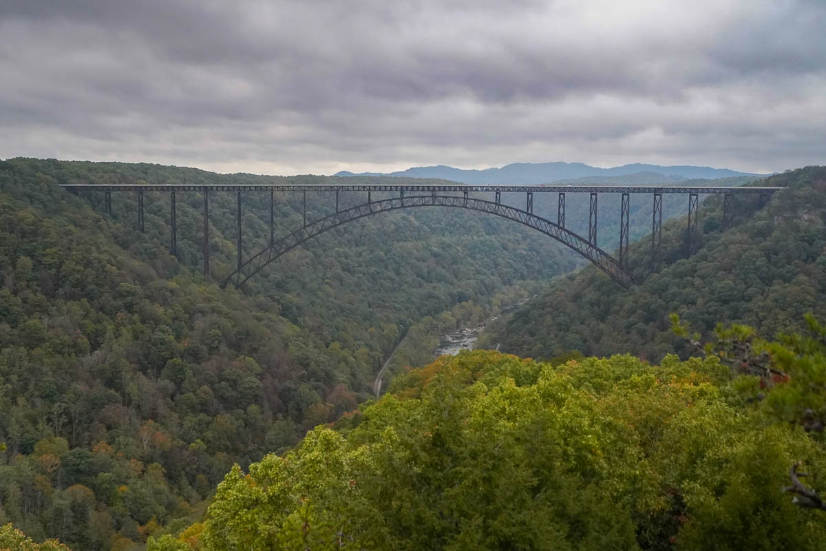 New River Gorge Bridge over the New River Gorge from the Long View Trail in New River Gorge National Park in West Virginia