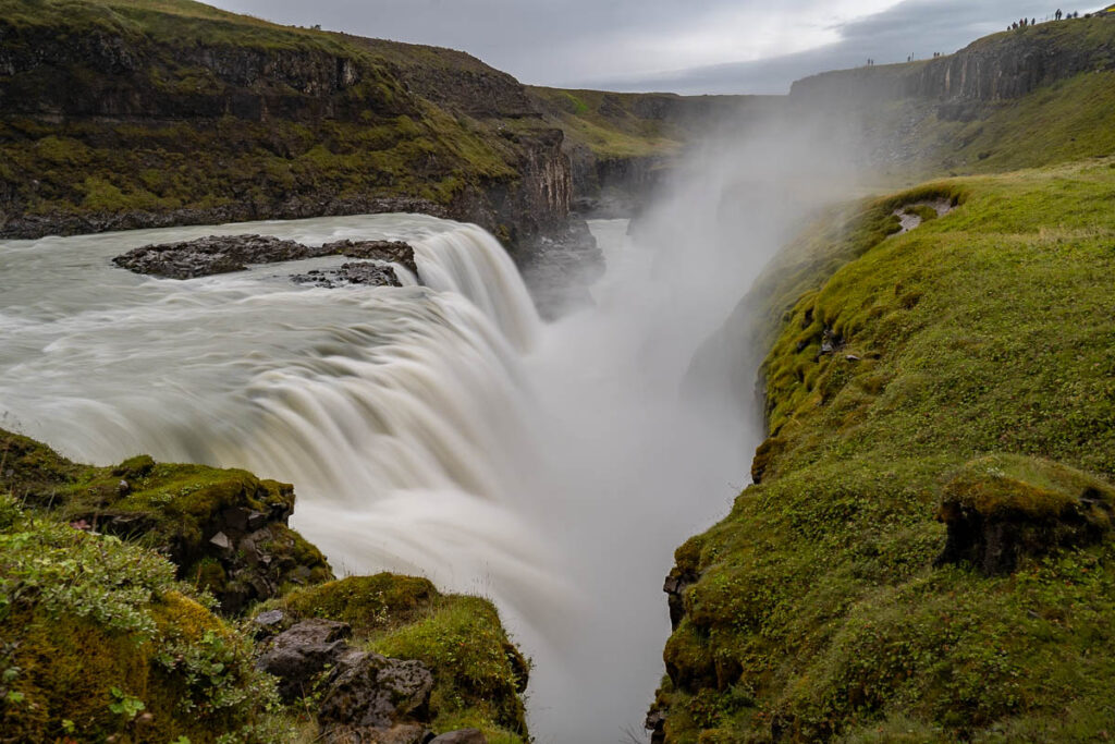 Lower waterfall of Gullfoss cascading into a mossy canyon along the Golden Circle in Iceland