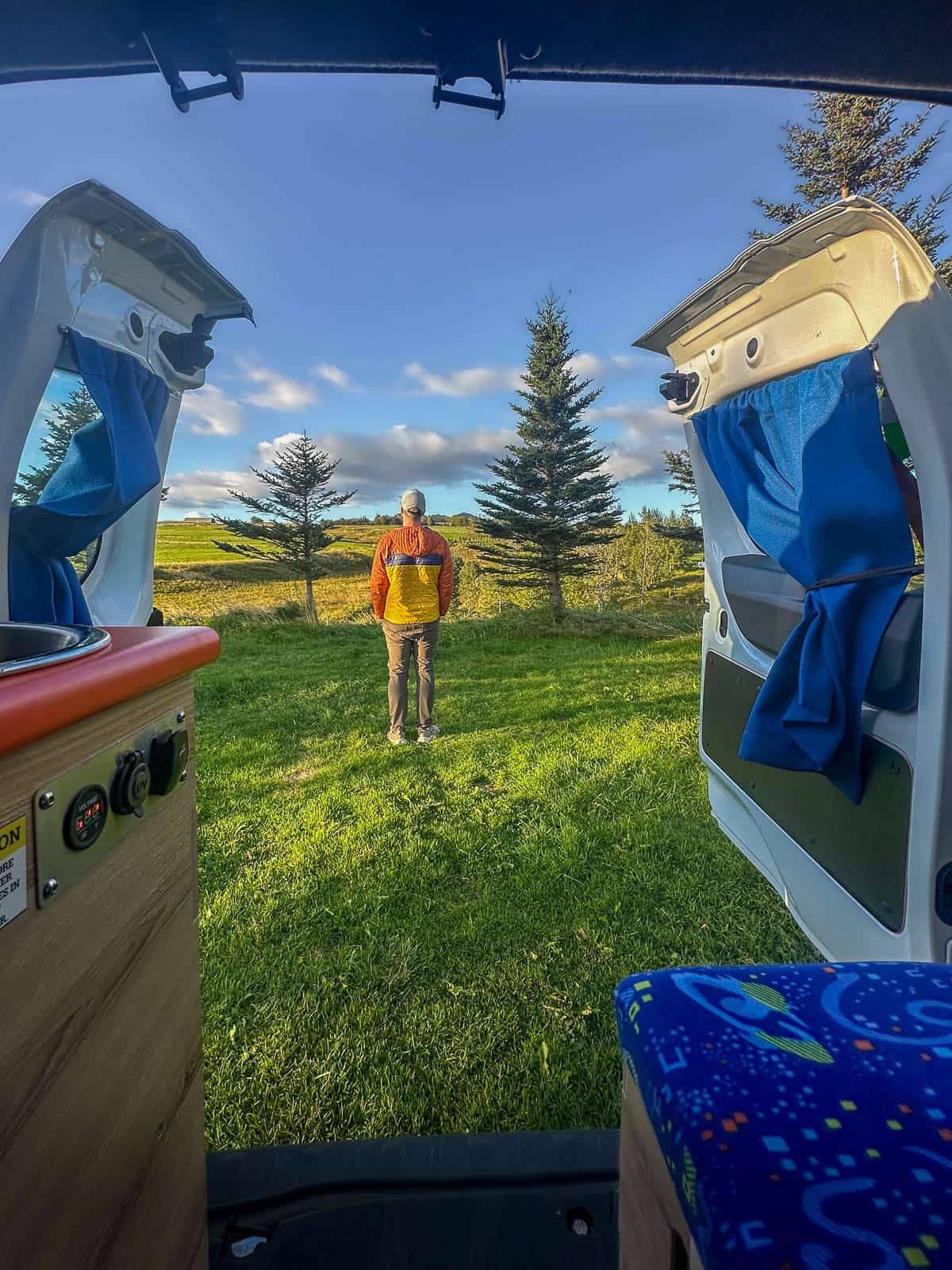 Man standing outside of open campervan doors with pine trees and a field in the background in Iceland