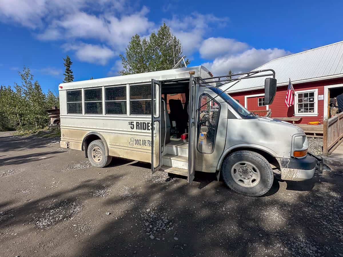 Blackburn Heritage Shuttle parked in front of McCarthy Kennicott Historical Museum in McCarthy, Alaska