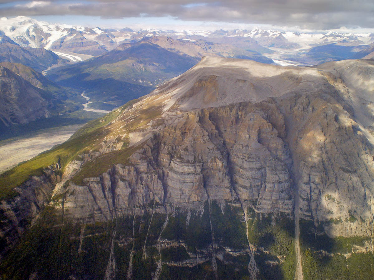 Aerial view of mountains and glaciers in Wrangell-St. Elias National Park, Alaska