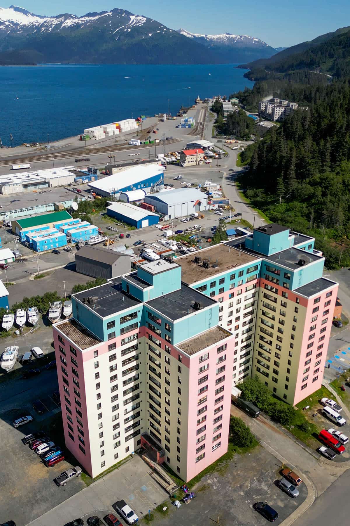 Aerial view of Begich Towers with Prince William Sound in the background in Whittier, Alaska