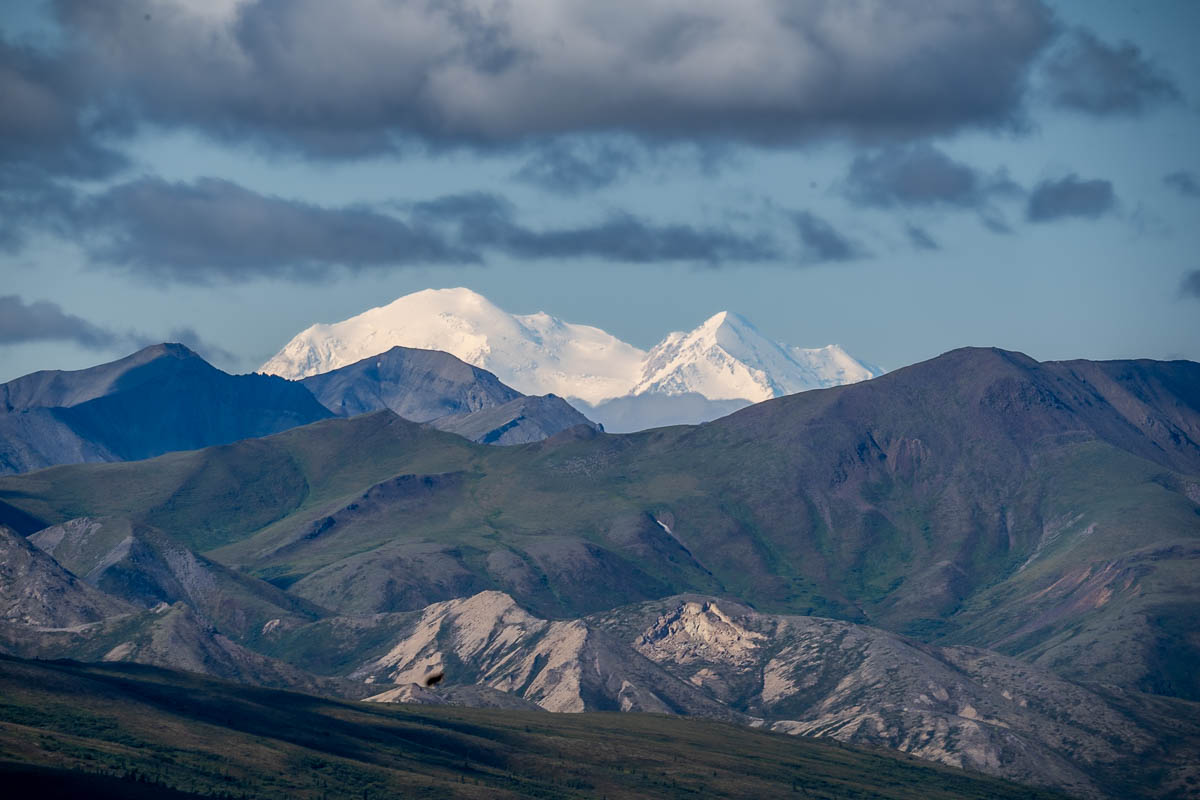 Layers of mountains with Mount Denali along the Savage Alpine Trail along the Denali National Park, Alaska