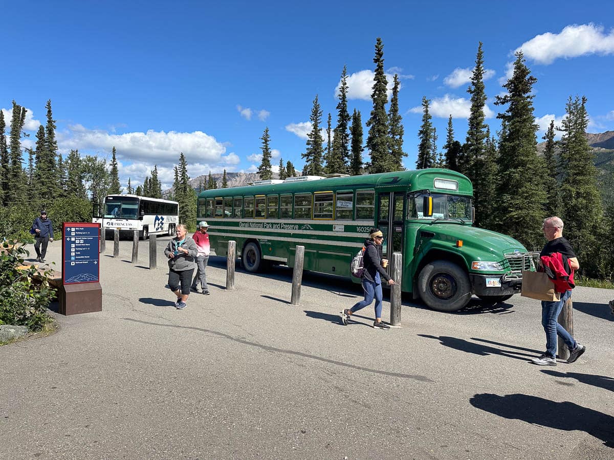 Free hiker's shuttle at the Denali Bus Depot at the visitor center of Denali National Park, Alaska